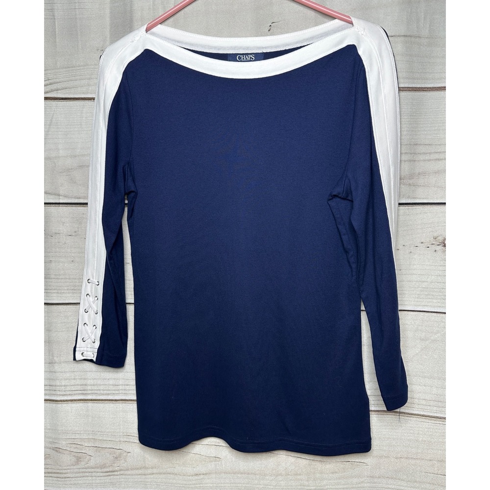 Chaps Top Women Medium Blue Nautical Boat Neck Lace Up Sleeve Cotton New